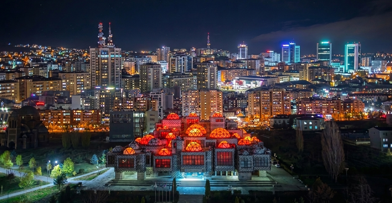 Prishtina skyline at sunset