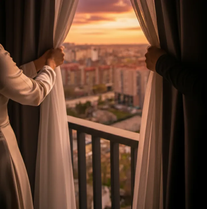 The evening view across Prishtina from a Derand guest room